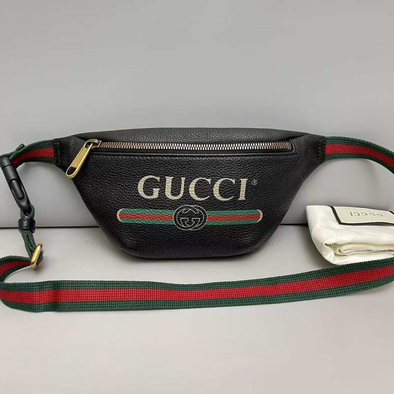 Gucci古馳 Print小號黑色牛皮荔枝紋腰包胸包-0