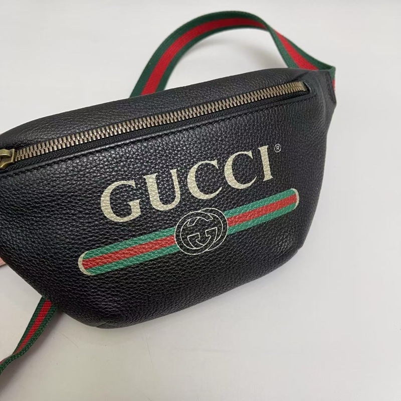 Gucci古馳 Print小號黑色牛皮荔枝紋腰包胸包-2