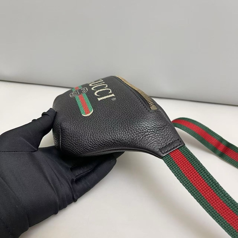 Gucci古馳 Print小號黑色牛皮荔枝紋腰包胸包-3