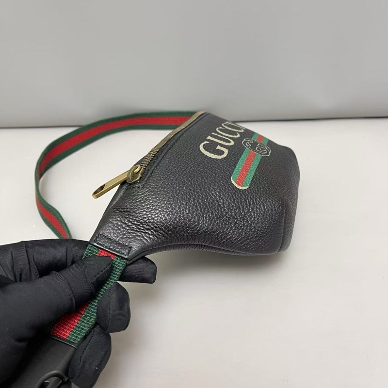 Gucci古馳 Print小號黑色牛皮荔枝紋腰包胸包-4