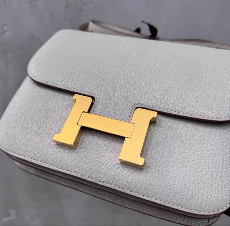 99新 愛馬仕康康19蘑菇白 內拼芝麻色 金扣山羊皮 U刻-4