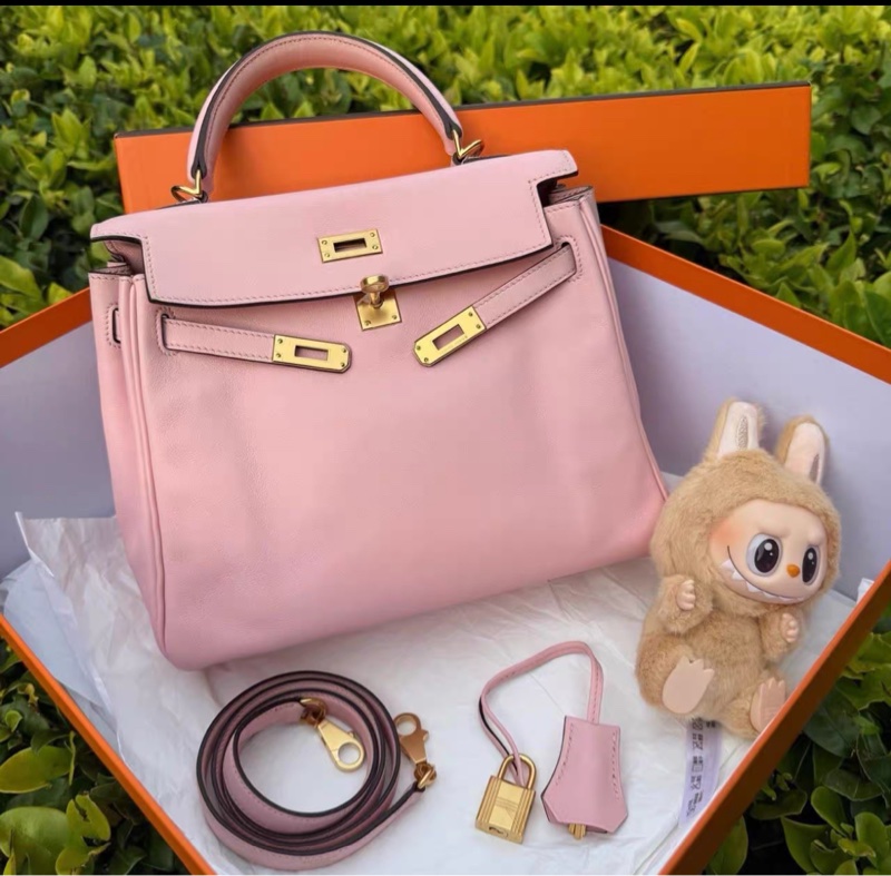 愛馬仕Kelly25櫻花粉金扣 T刻 附件：鎖.鑰匙.塵袋-0
