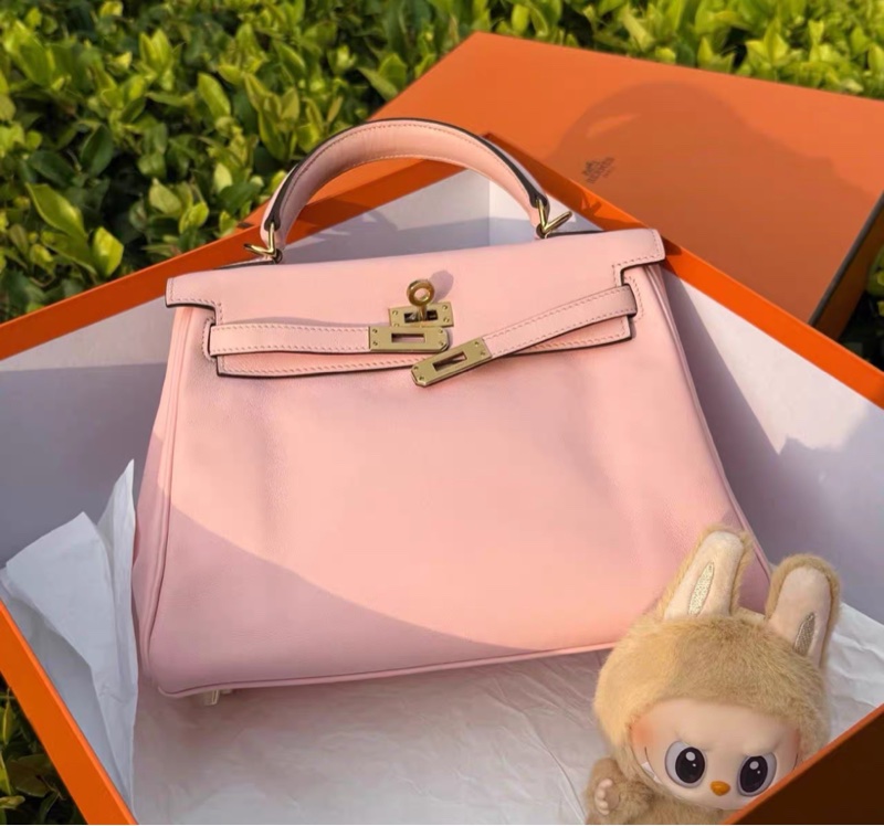 愛馬仕Kelly25櫻花粉金扣 T刻 附件：鎖.鑰匙.塵袋-4