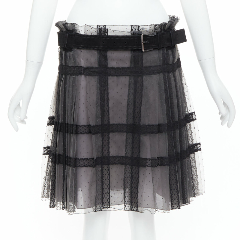 CHRISTIAN DIOR grey black lace Plumetis tulle suede belt wrap skirt-0
