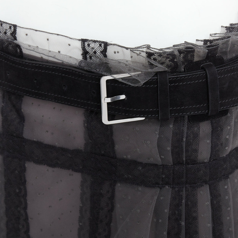 CHRISTIAN DIOR grey black lace Plumetis tulle suede belt wrap skirt-1