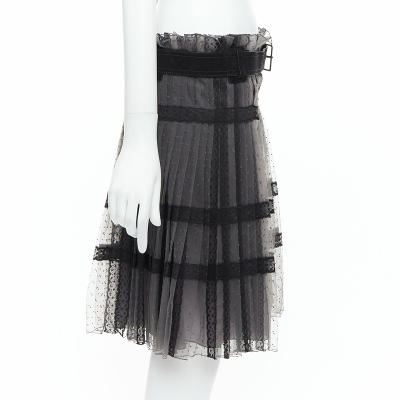 CHRISTIAN DIOR grey black lace Plumetis tulle suede belt wrap skirt-3