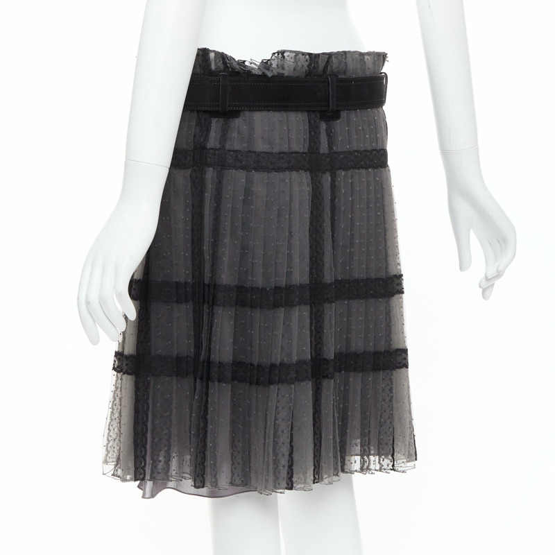 CHRISTIAN DIOR grey black lace Plumetis tulle suede belt wrap skirt-5