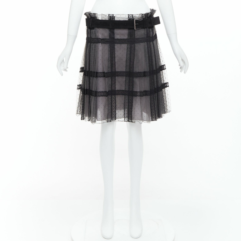 CHRISTIAN DIOR grey black lace Plumetis tulle suede belt wrap skirt-6