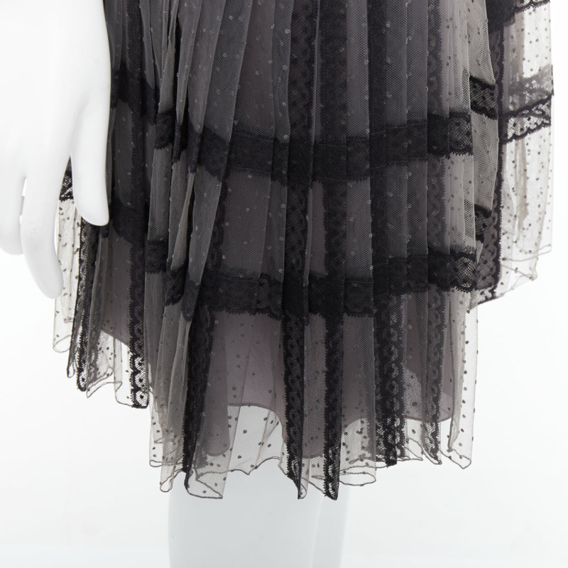 CHRISTIAN DIOR grey black lace Plumetis tulle suede belt wrap skirt-7