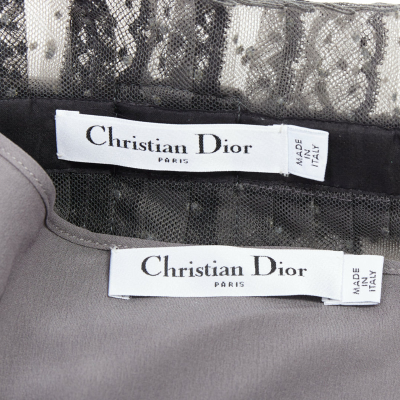 CHRISTIAN DIOR grey black lace Plumetis tulle suede belt wrap skirt-8