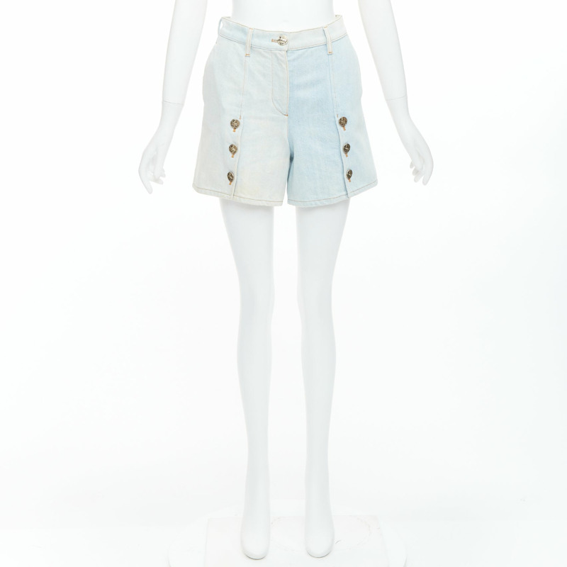 CHANEL 2018 Runway light blue washed denim horse buttons shorts FR34 XS-8