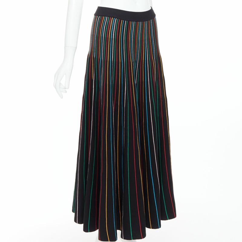 RED VALENTINO black rainbow stripe cotton blend knitted midi skirt S-2
