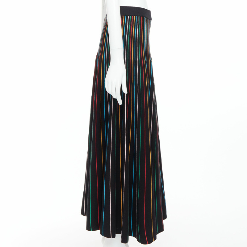 RED VALENTINO black rainbow stripe cotton blend knitted midi skirt S-3