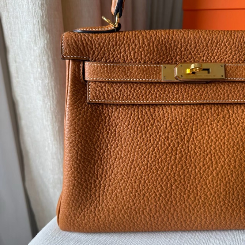 經典溫柔HERMES Kelly 28 金棕金肩背斜背包-2
