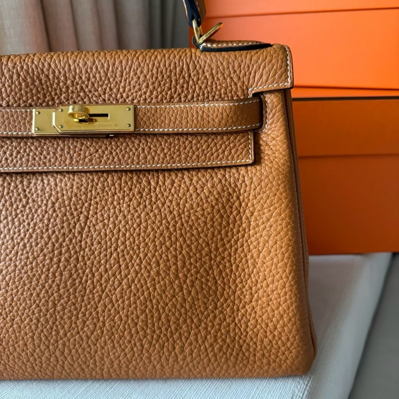經典溫柔HERMES Kelly 28 金棕金肩背斜背包-3