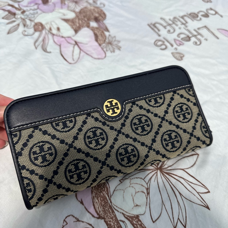 (9.9成新)Tory Burch T Monogram 藍老花 薄長夾 對開長夾 大零錢空間-0