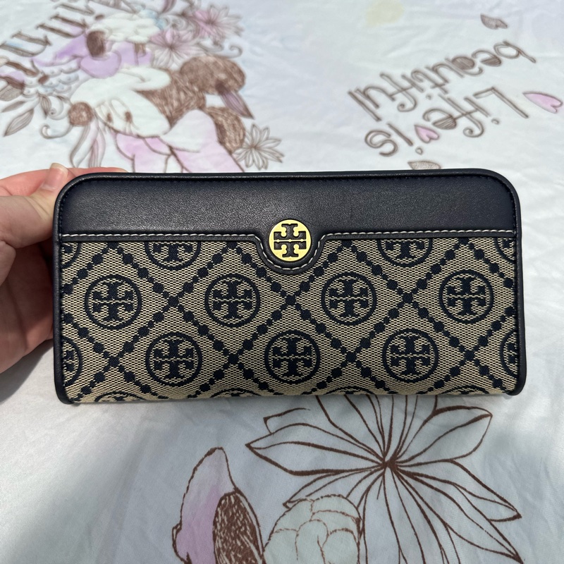 (9.9成新)Tory Burch T Monogram 藍老花 薄長夾 對開長夾 大零錢空間-5
