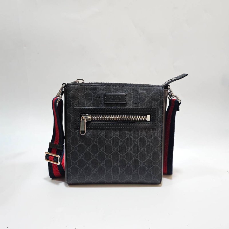 Gucci黑灰PVC黑皮邊Ophidia銀釦藍紅藍背帶斜背包-0