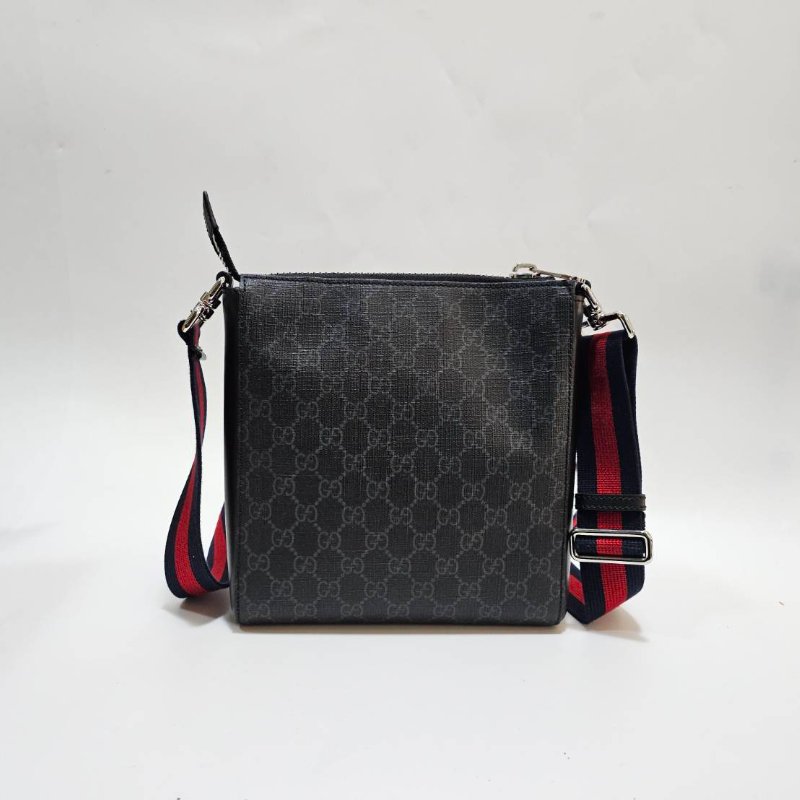 Gucci黑灰PVC黑皮邊Ophidia銀釦藍紅藍背帶斜背包-1
