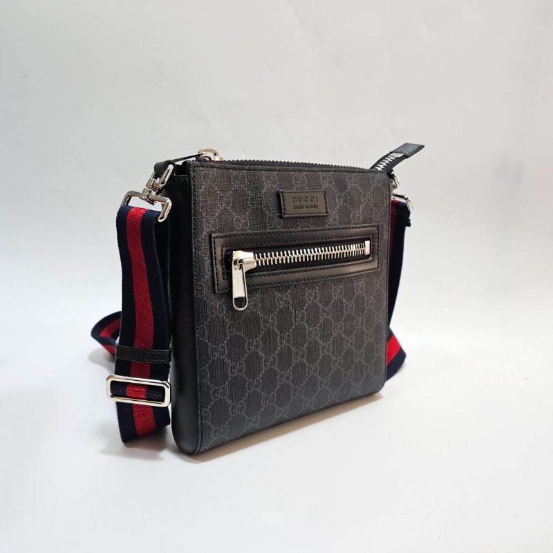 Gucci黑灰PVC黑皮邊Ophidia銀釦藍紅藍背帶斜背包-2