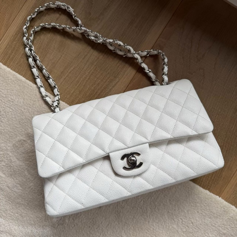 CHANEL CF26白色荔枝牛皮雙肩斜背鏈條包-0