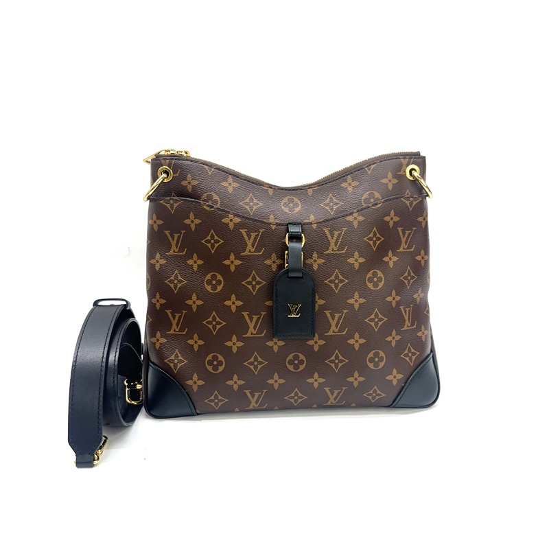 LV 原花拼黑牛皮金釦Odeon MM 肩斜背包 M45352-0