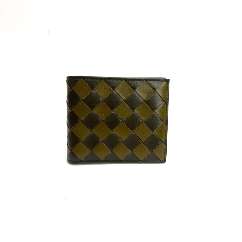 BV墨綠拼咖牛皮編織8卡對開短夾-0