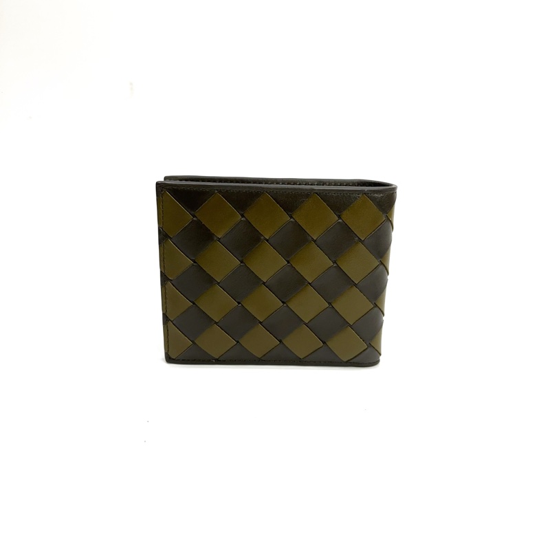 BV墨綠拼咖牛皮編織8卡對開短夾-1