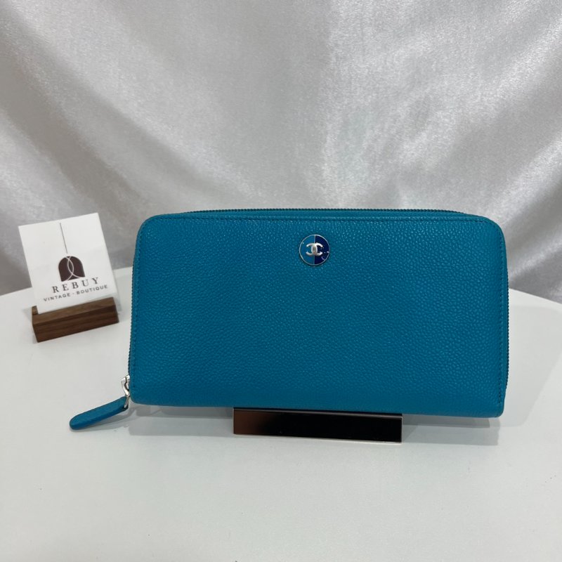 CHANEL 17開 淺藍荔枝皮拚色琺瑯logoㄇ拉長夾-0