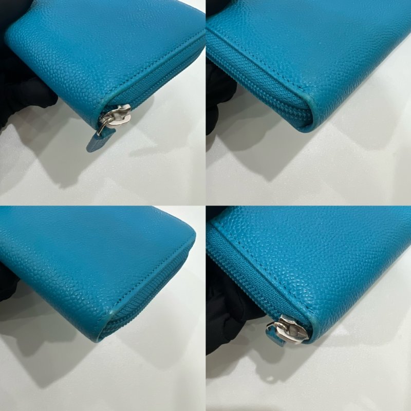 CHANEL 17開 淺藍荔枝皮拚色琺瑯logoㄇ拉長夾-8