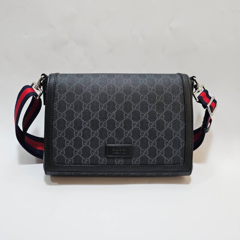 Gucci 黑灰PVC Ophidia銀釦下蓋磁吸肩斜背包-0
