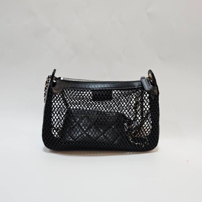 Chanel 黑網紗黑羊皮CluthWithChain淡金肩斜背鏈包AP4572-1