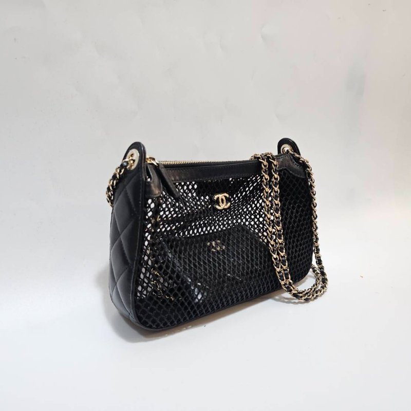 Chanel 黑網紗黑羊皮CluthWithChain淡金肩斜背鏈包AP4572-2