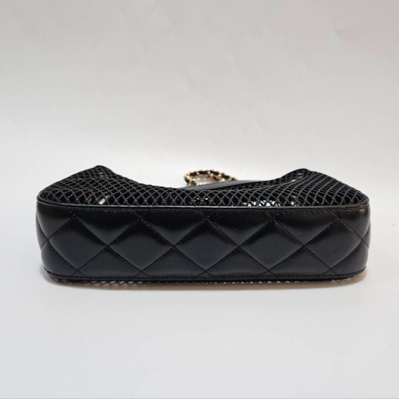Chanel 黑網紗黑羊皮CluthWithChain淡金肩斜背鏈包AP4572-3