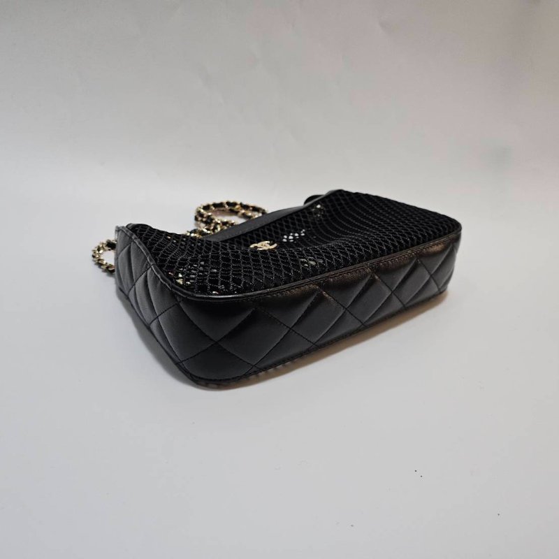 Chanel 黑網紗黑羊皮CluthWithChain淡金肩斜背鏈包AP4572-4
