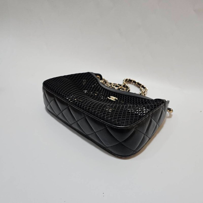 Chanel 黑網紗黑羊皮CluthWithChain淡金肩斜背鏈包AP4572-5