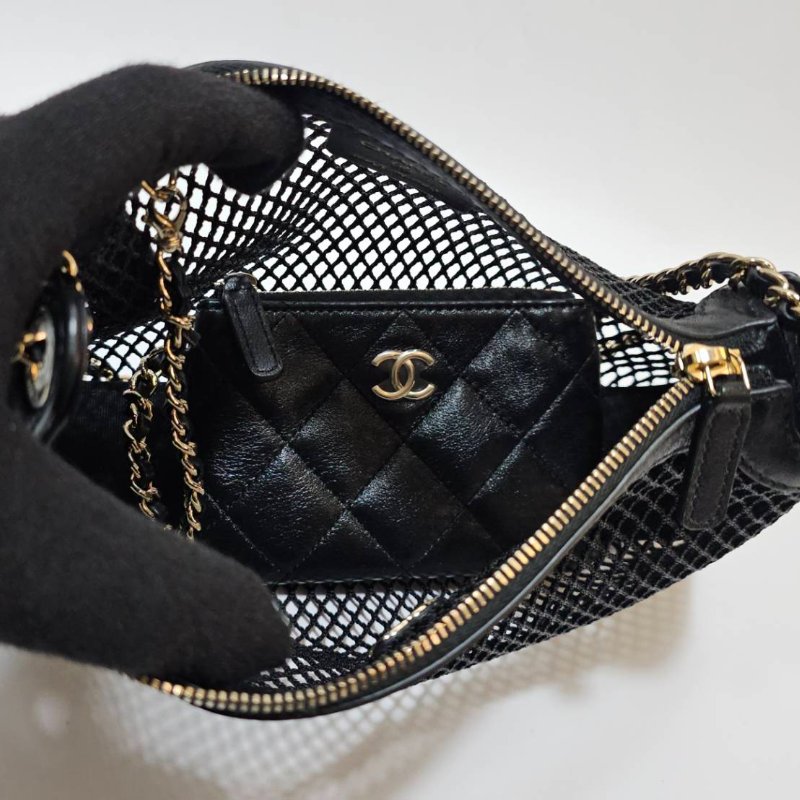 Chanel 黑網紗黑羊皮CluthWithChain淡金肩斜背鏈包AP4572-6