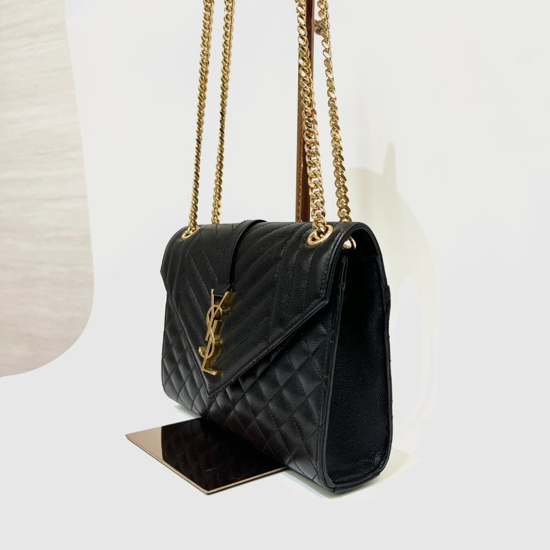 YSL 黑荔枝牛皮絎縫紋金釦下蓋信封式中型肩斜背包-1