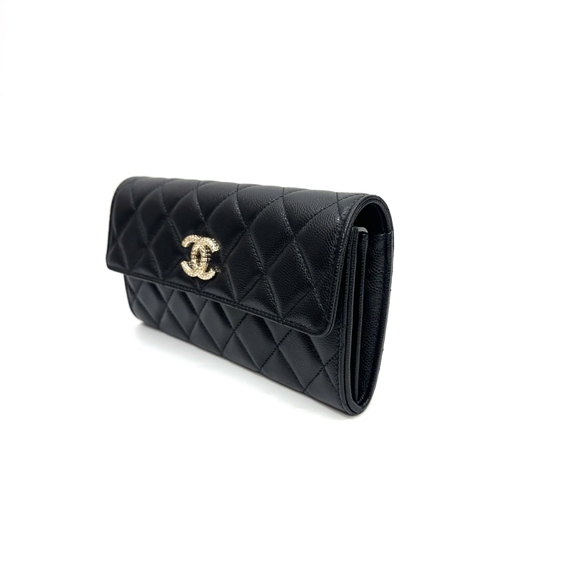 全新 Chanel 黑荔枝牛皮內塗鴉淡金釦下蓋12卡長夾-3