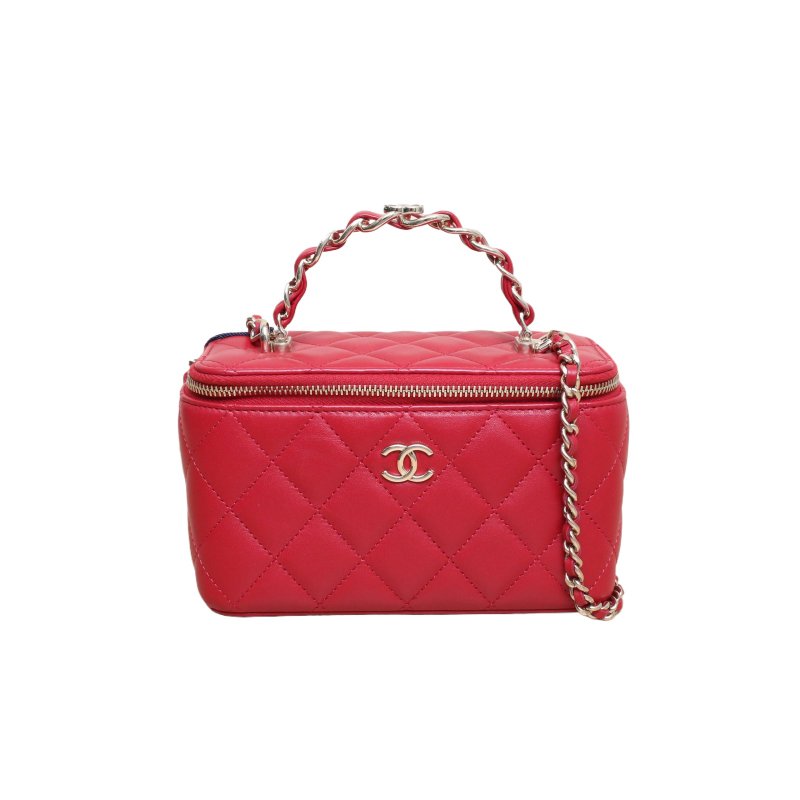 CHANEL(香奈兒) 23K Logo手提長盒子化妝包 帶鏡子 16.5cm 金屬皮穿鏈手柄 紅色 鐳射標 淺金扣 皮手柄-0