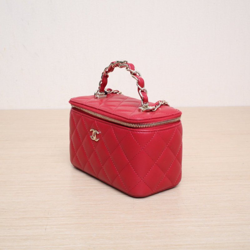 CHANEL(香奈兒) 23K Logo手提長盒子化妝包 帶鏡子 16.5cm 金屬皮穿鏈手柄 紅色 鐳射標 淺金扣 皮手柄-3