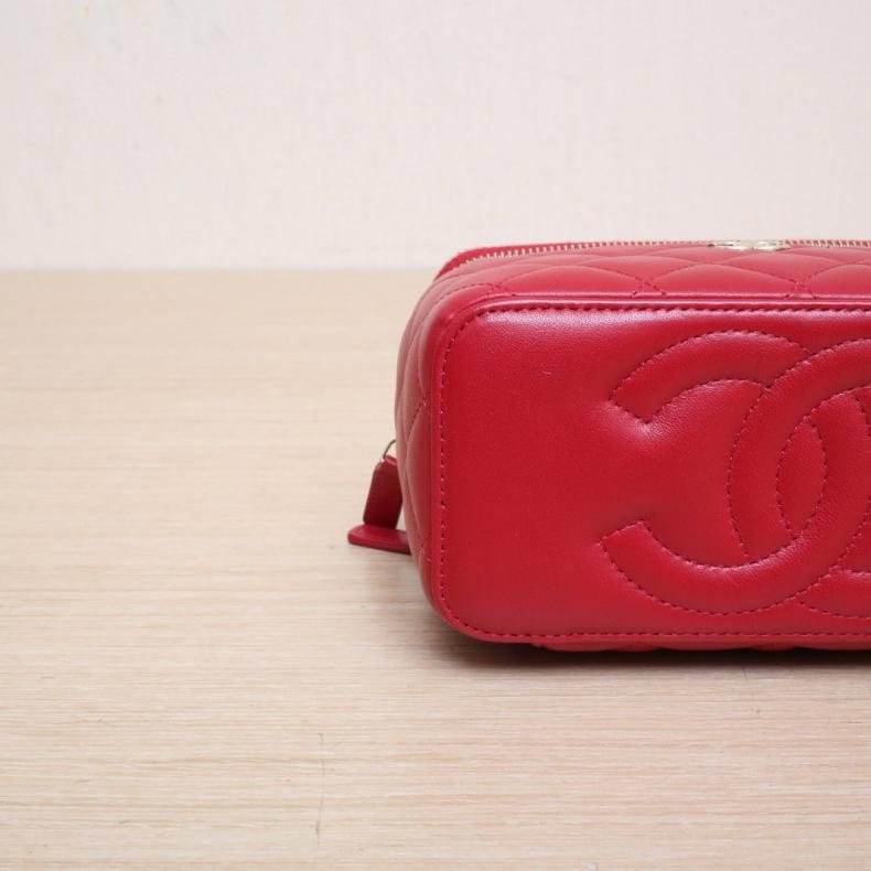 CHANEL(香奈兒) 23K Logo手提長盒子化妝包 帶鏡子 16.5cm 金屬皮穿鏈手柄 紅色 鐳射標 淺金扣 皮手柄-6