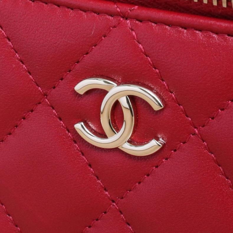 CHANEL(香奈兒) 23K Logo手提長盒子化妝包 帶鏡子 16.5cm 金屬皮穿鏈手柄 紅色 鐳射標 淺金扣 皮手柄-13