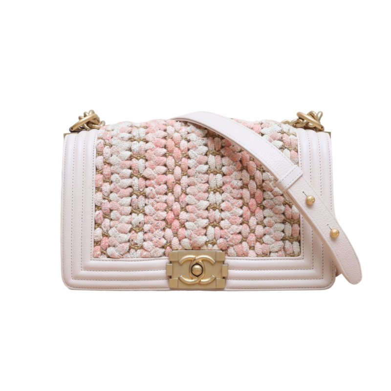 CHANEL(香奈兒) Leboy 中號 25cm 粉色 毛呢 25開 金扣-0