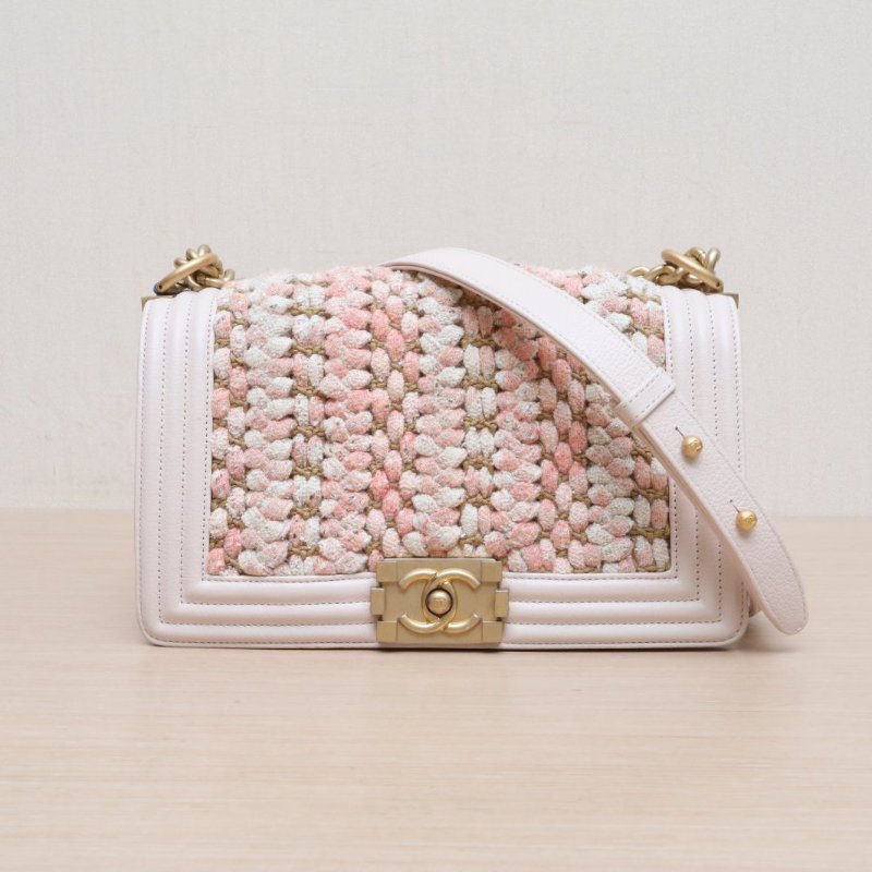 CHANEL(香奈兒) Leboy 中號 25cm 粉色 毛呢 25開 金扣-10
