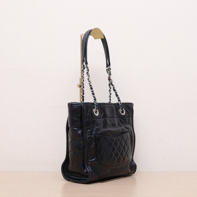 CHANEL(香奈兒) 沙灘包 購物包 小號 黑色 荔枝 22開 銀扣-10