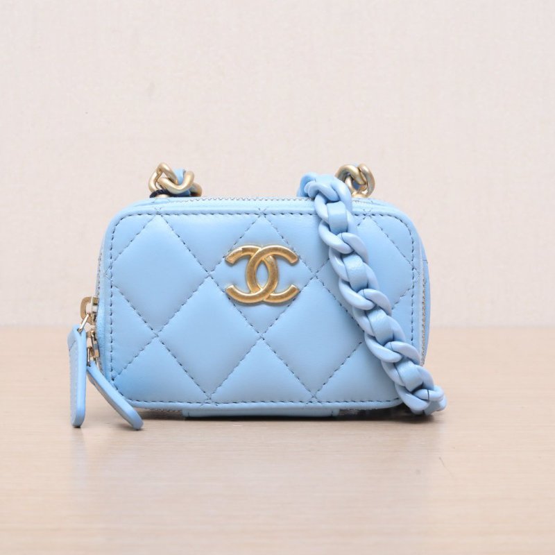 CHANEL(香奈兒) 藍色 32開 金扣 22S 雙C零錢包 迷你小盒子-9