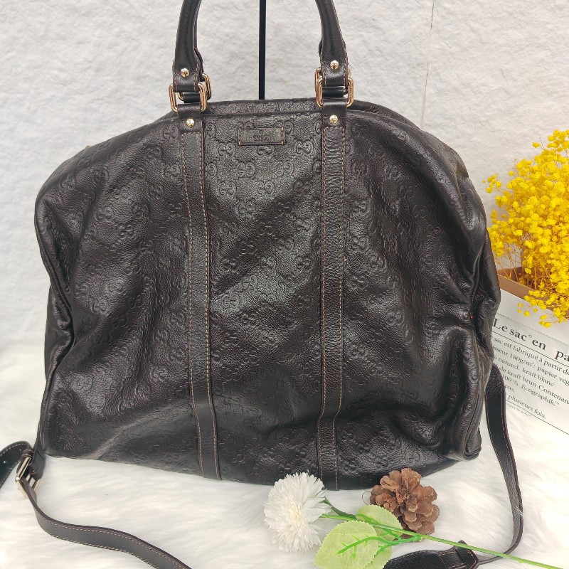 Gucci 古馳 黑色全皮老花壓紋旅行包-0