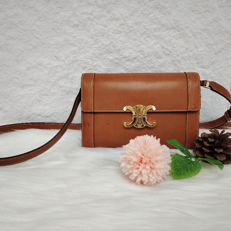 Celine Triomphe 黄褐色 牛皮 中號 皮肩帶 20年-0