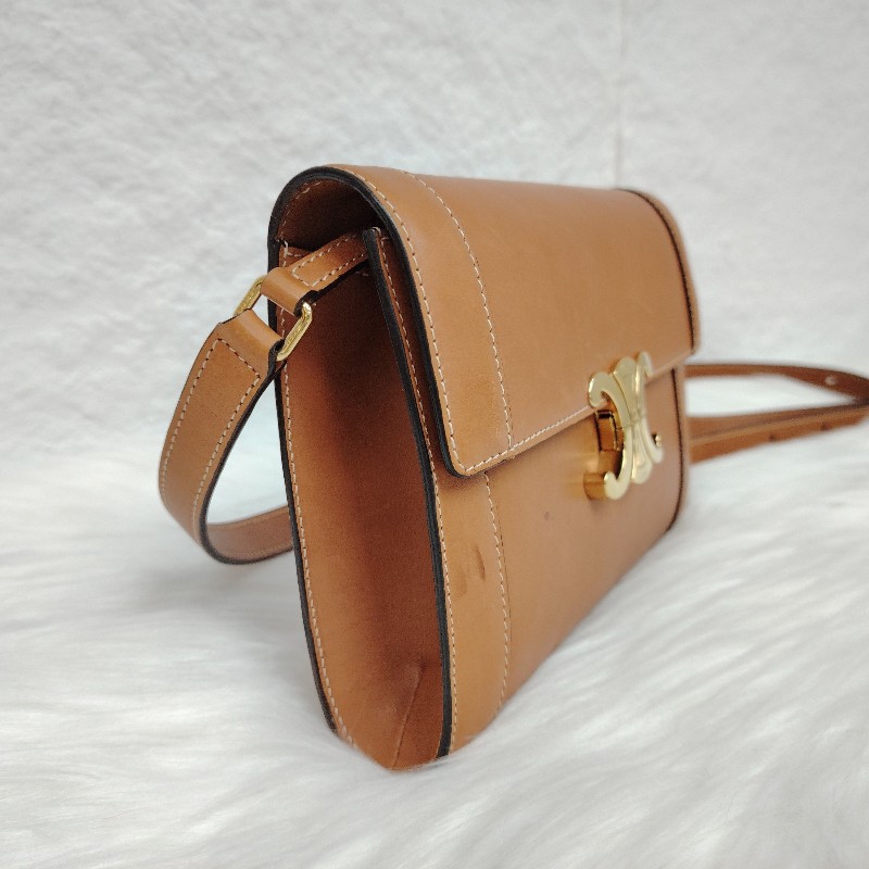 Celine Triomphe 黄褐色 牛皮 中號 皮肩帶 20年-1